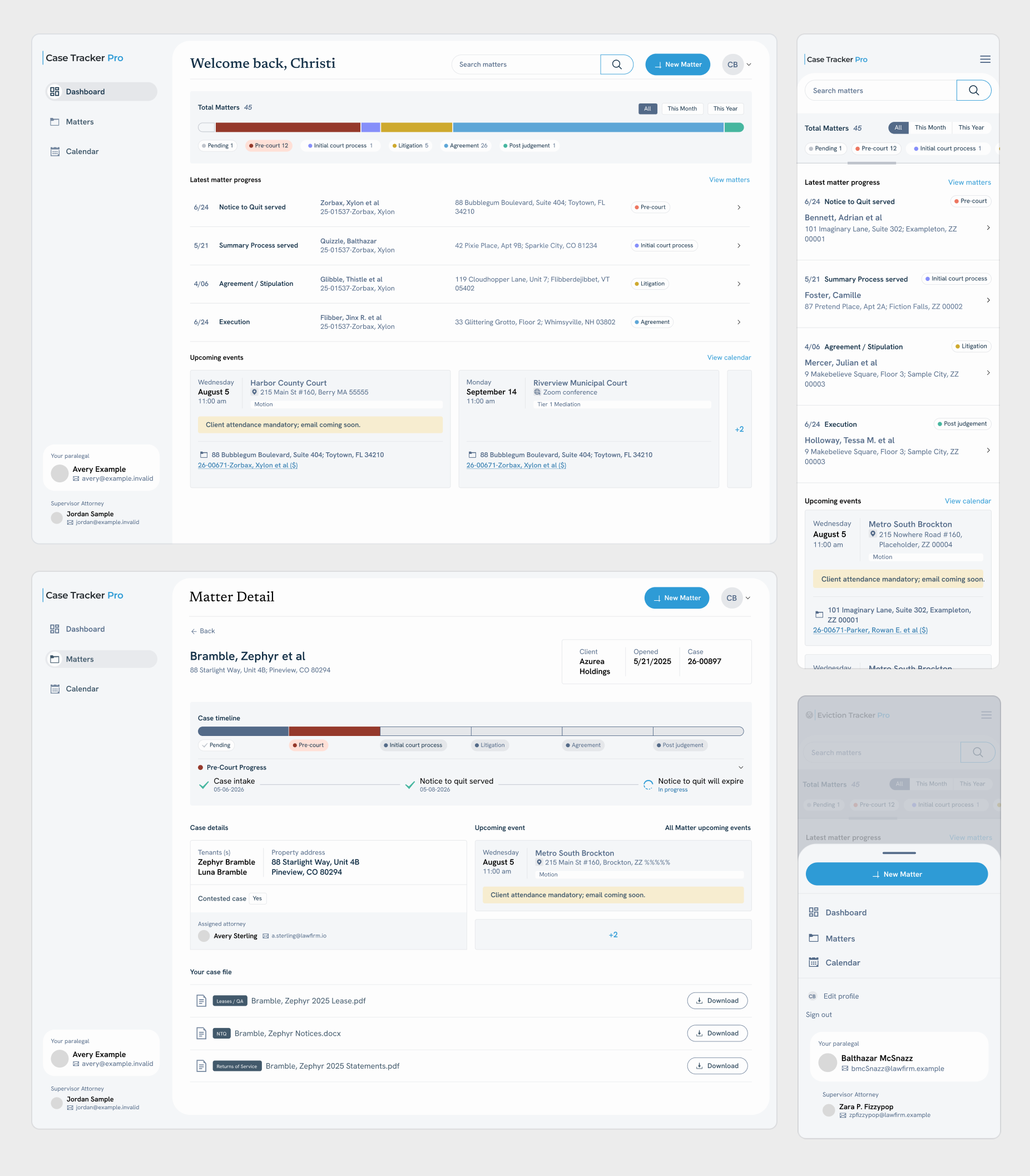 Case Tracker Pro dashboard, matter detail and mobile views