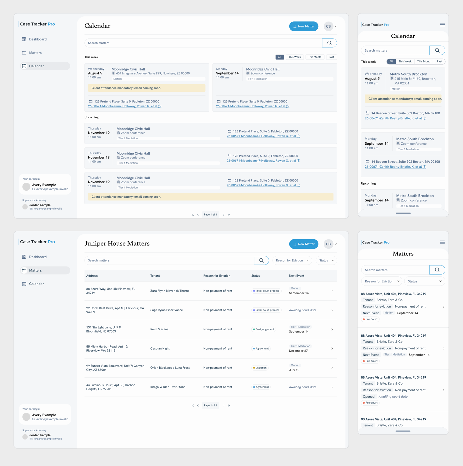 Case Tracker Pro calendar and matters list, desktop and mobile