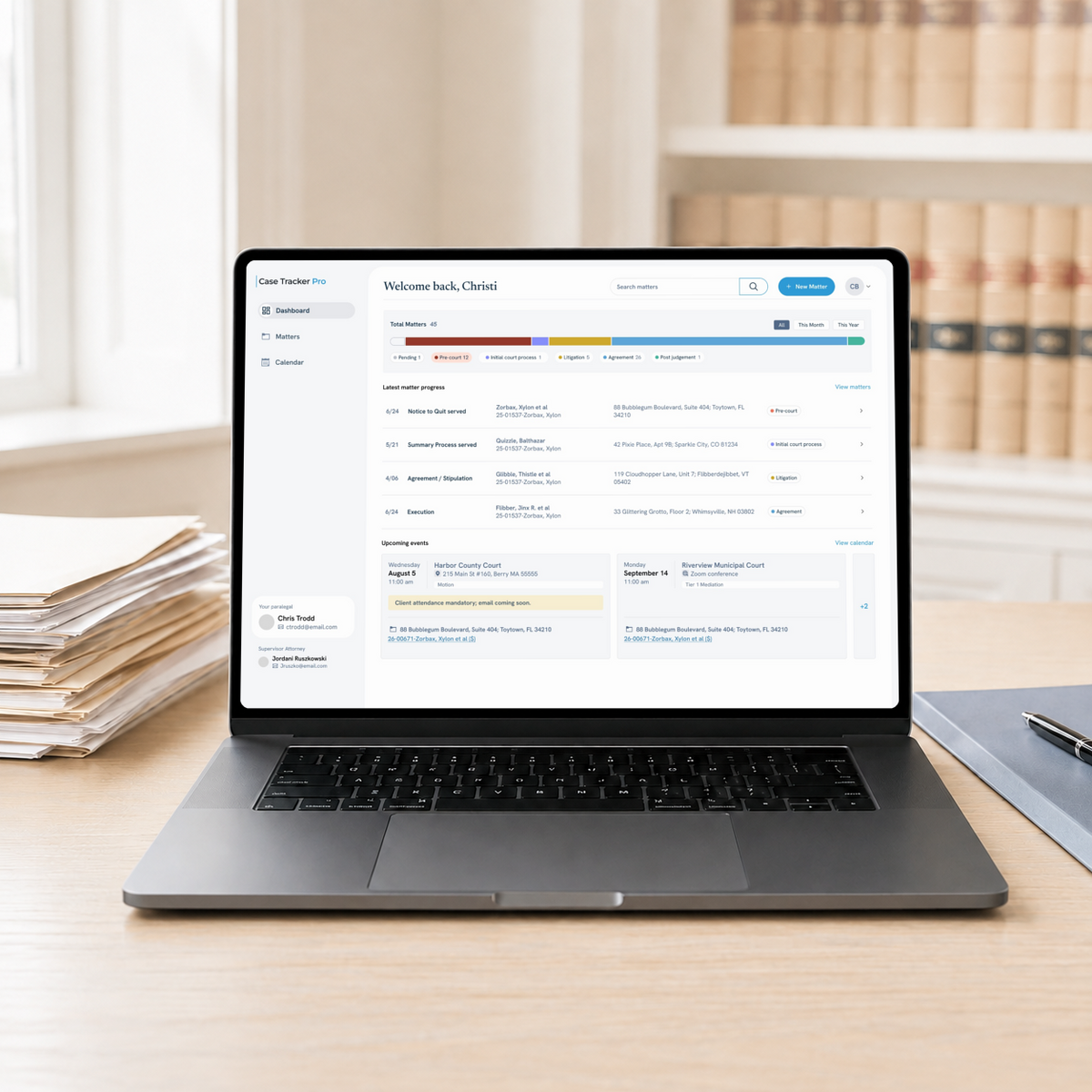 Case Tracker Pro dashboard on a laptop