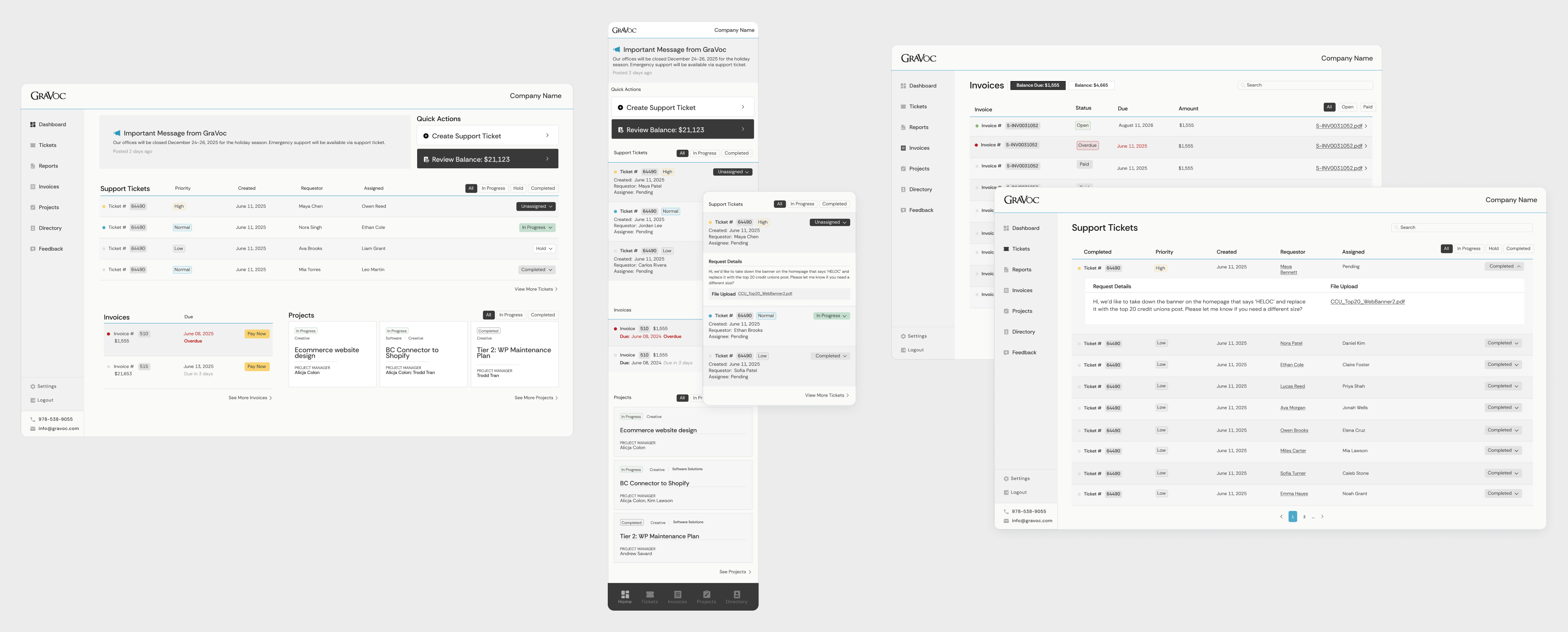 GraVoc Customer Portal screens: dashboard, mobile, invoices and support tickets
