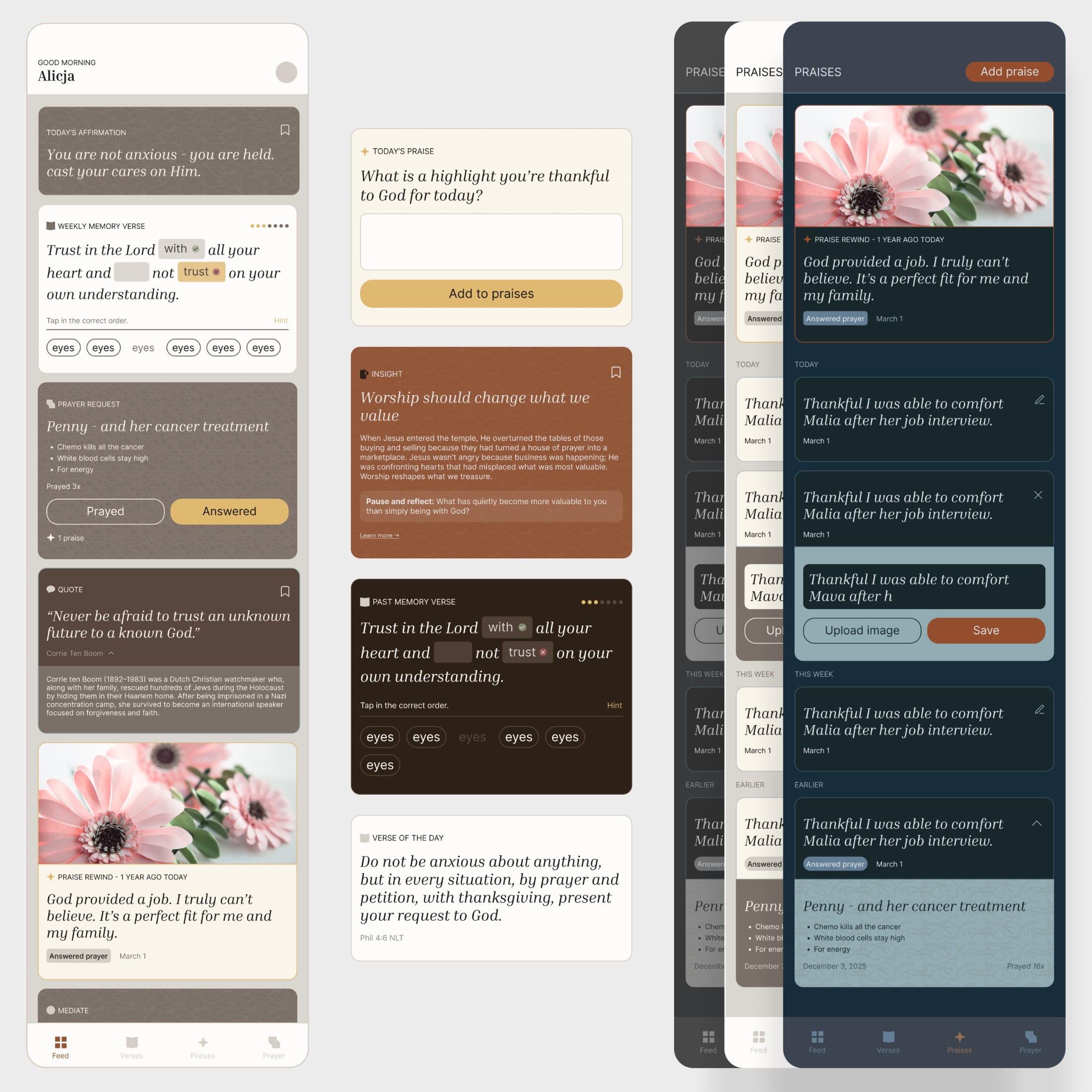 STLL app screens: daily feed, praise entry and prayer history